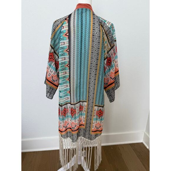 Flying‎ Tomato Multicolor Sheer Fringe Kimono Western Southwestern Boho Small - Picture 3 of 6